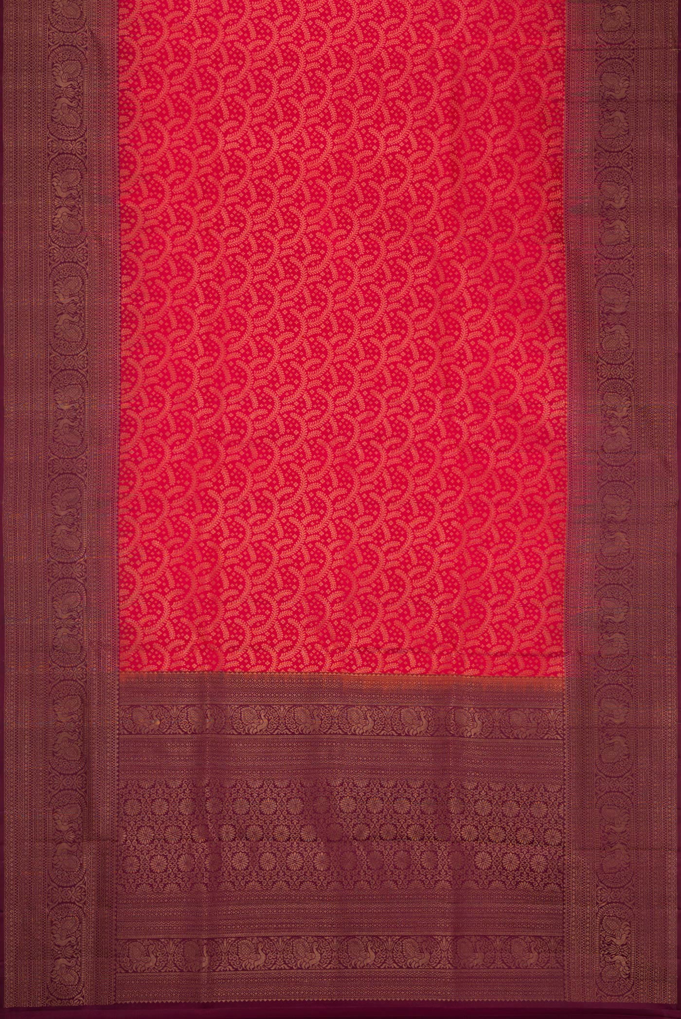 Flat view of Brick Orange Dual Tone Soft Silk Saree with Zari Brocade on the body and Fancy Border. 