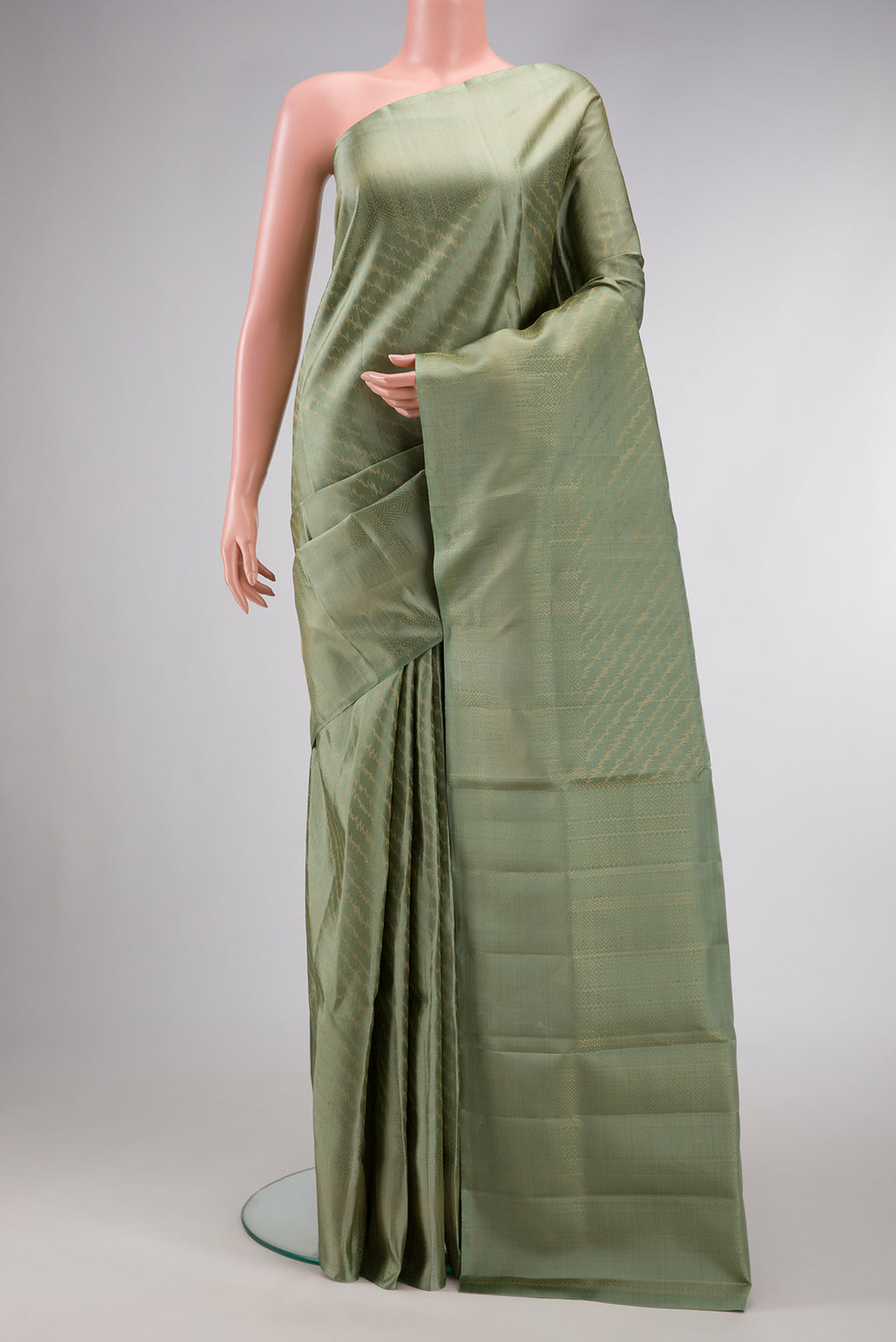 Pista Green Dual Tone Soft Silk Saree with Zari Brocade on the body and Fancy Border.  displayed on a mannequin