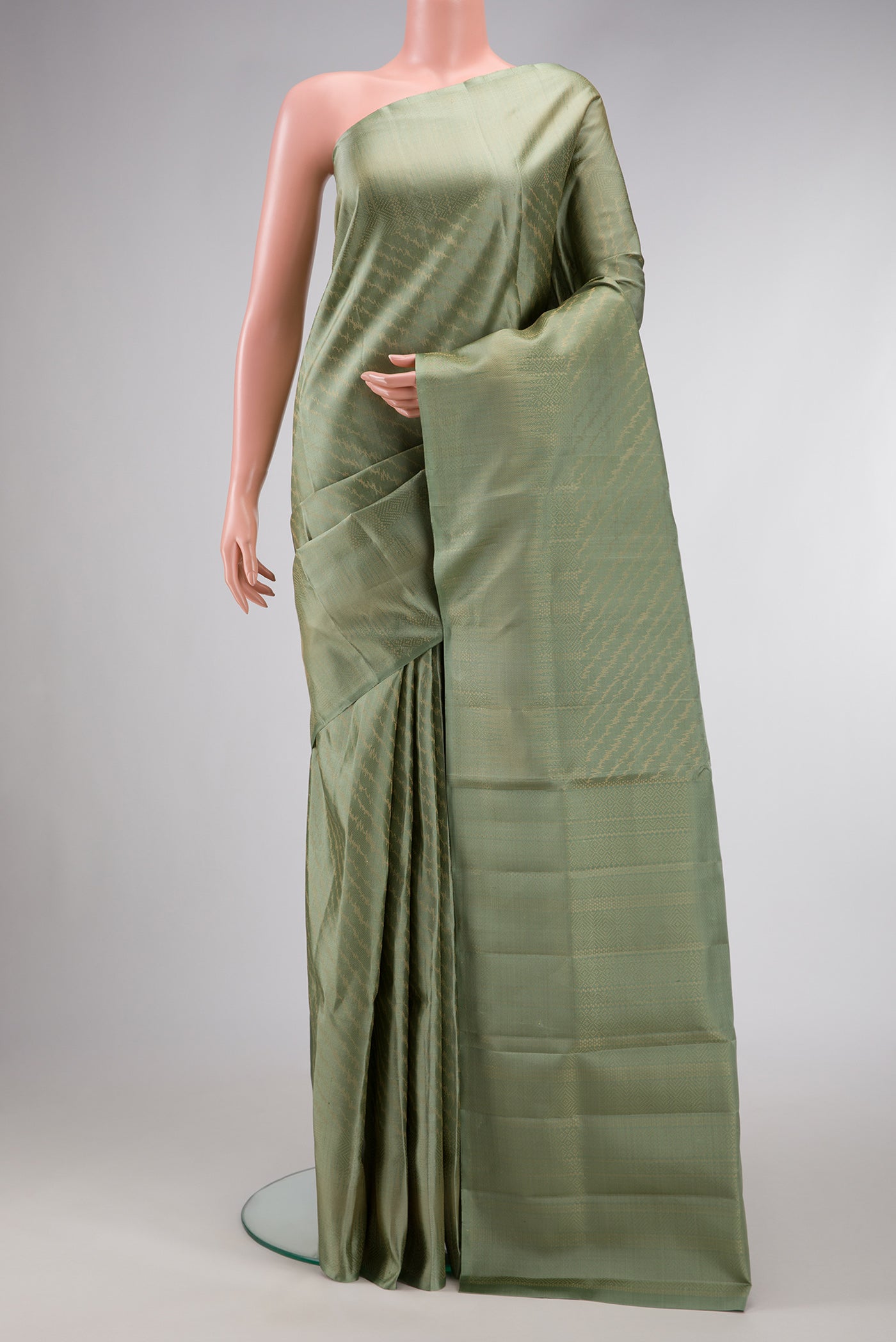 Pista Green Dual Tone Soft Silk Saree with Zari Brocade on the body and Fancy Border.  displayed on a mannequin