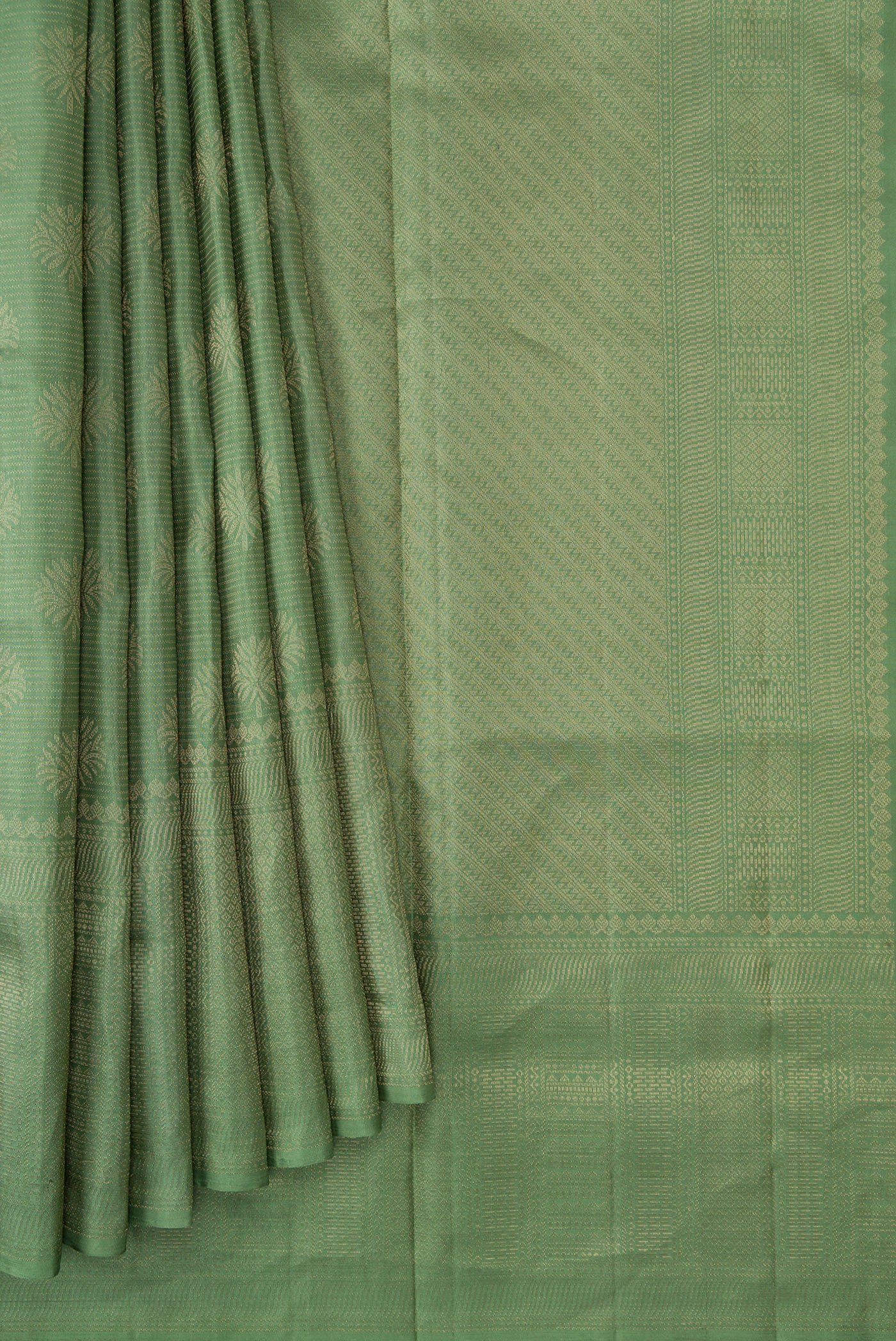 Pleats and pallu of Pista Green Dual Tone Soft Silk Saree with Zari Brocade on the body and Fancy Border. 