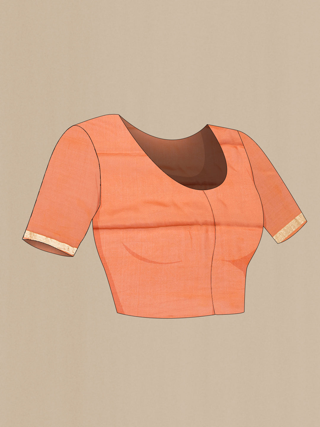 Close up image of the blouse of Orange Crepe Saree with Printed design on the body and Zari Border. 
