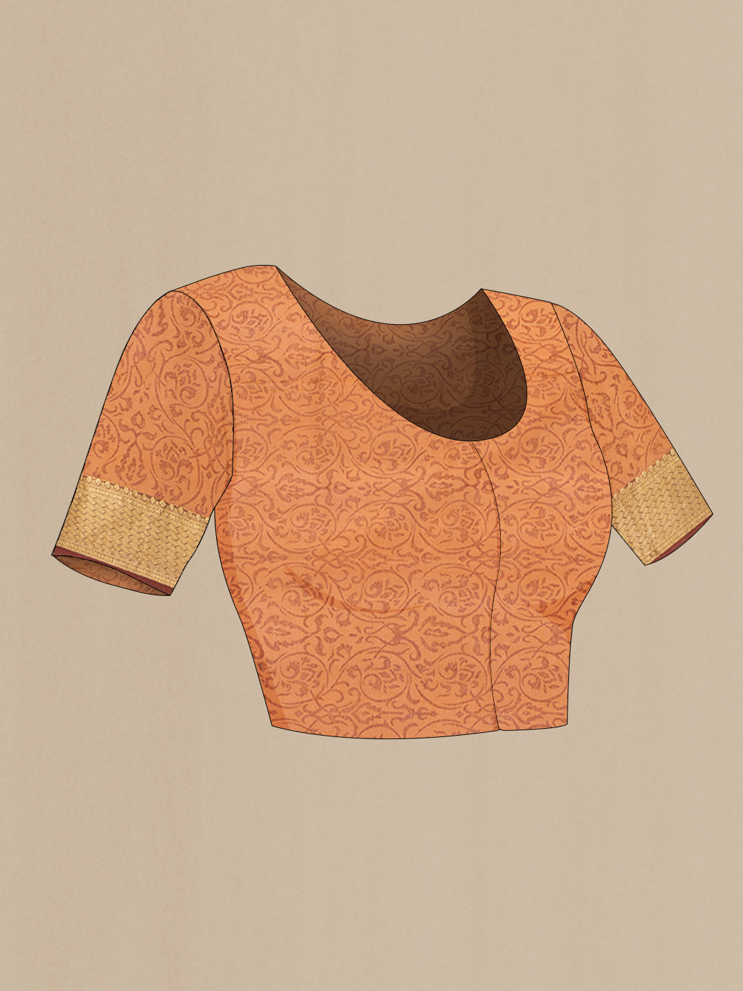 Close up image of the blouse of Brown Crepe Saree with Printed design on the body and Zari Border. 