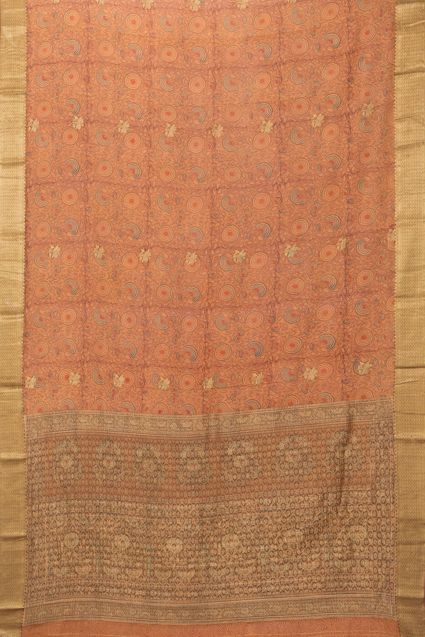 Flat view of Brown Crepe Saree with Printed design on the body and Zari Border. 