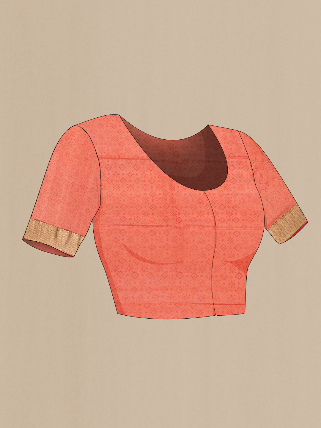 Close up image of the blouse of Orange Crepe Saree with Printed design on the body and Zari Border. 