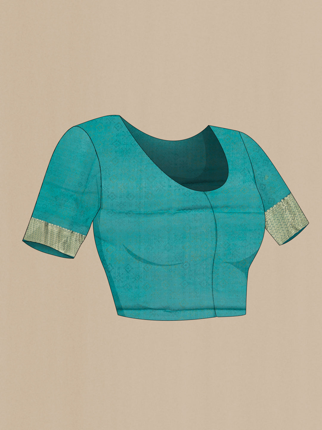 Close up image of the blouse of Peacock Blue Dual Tone Crepe Saree with Printed design on the body and Zari Border. 