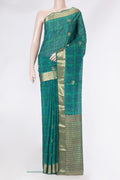Peacock Blue Dual Tone Crepe Saree with Printed design on the body and Zari Border.  displayed on a mannequin