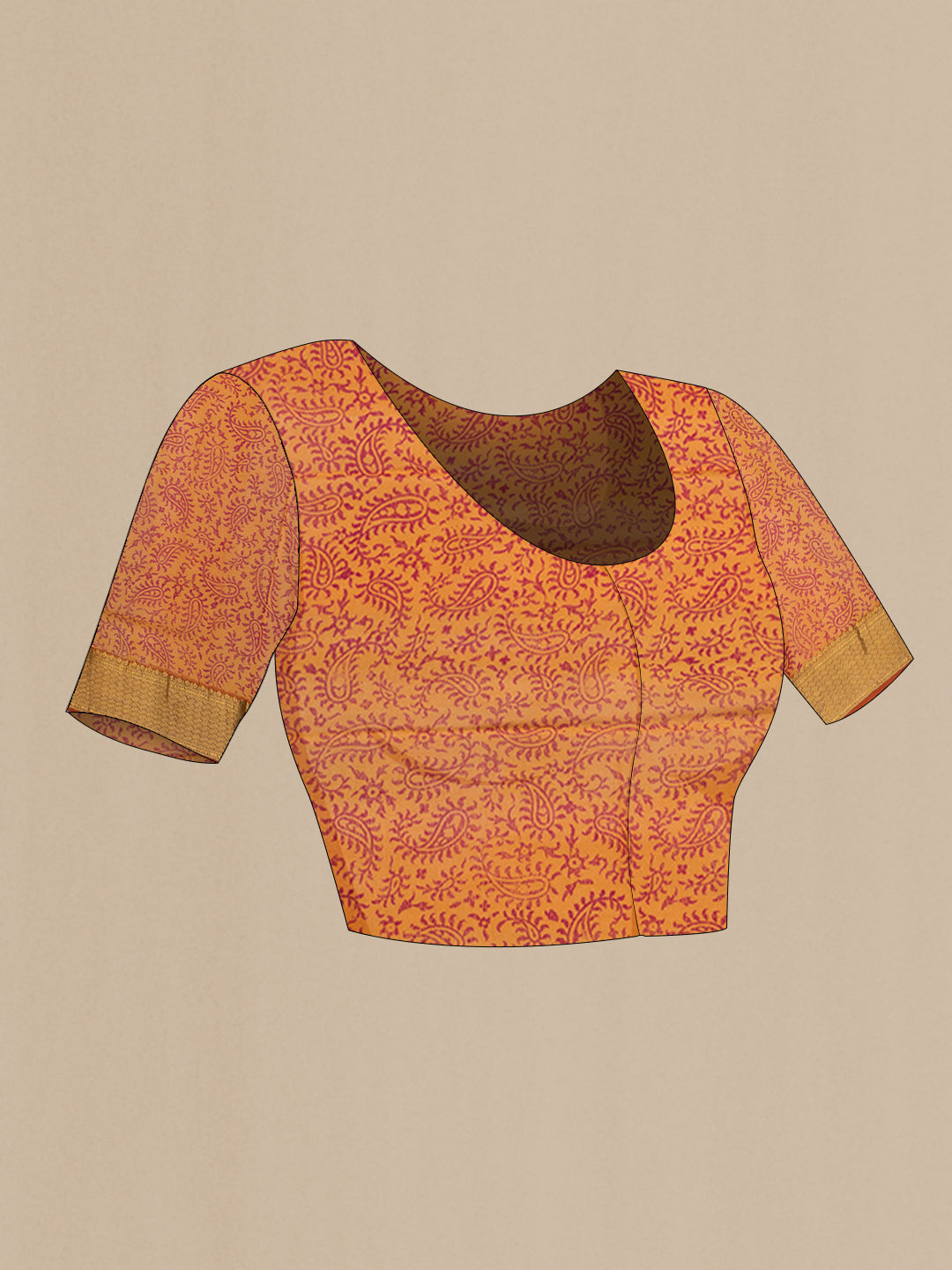 Close up image of the blouse of Dark Pink Mysore Chiffon Saree with Printed design on the body and Zari Border. 
