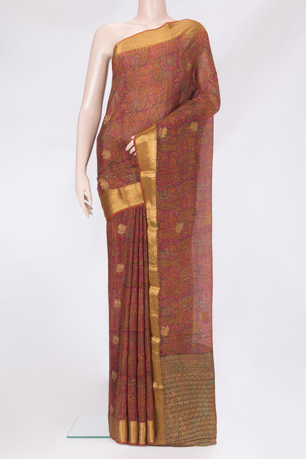 Dark Pink Mysore Chiffon Saree with Printed design on the body and Zari Border.  displayed on a mannequin