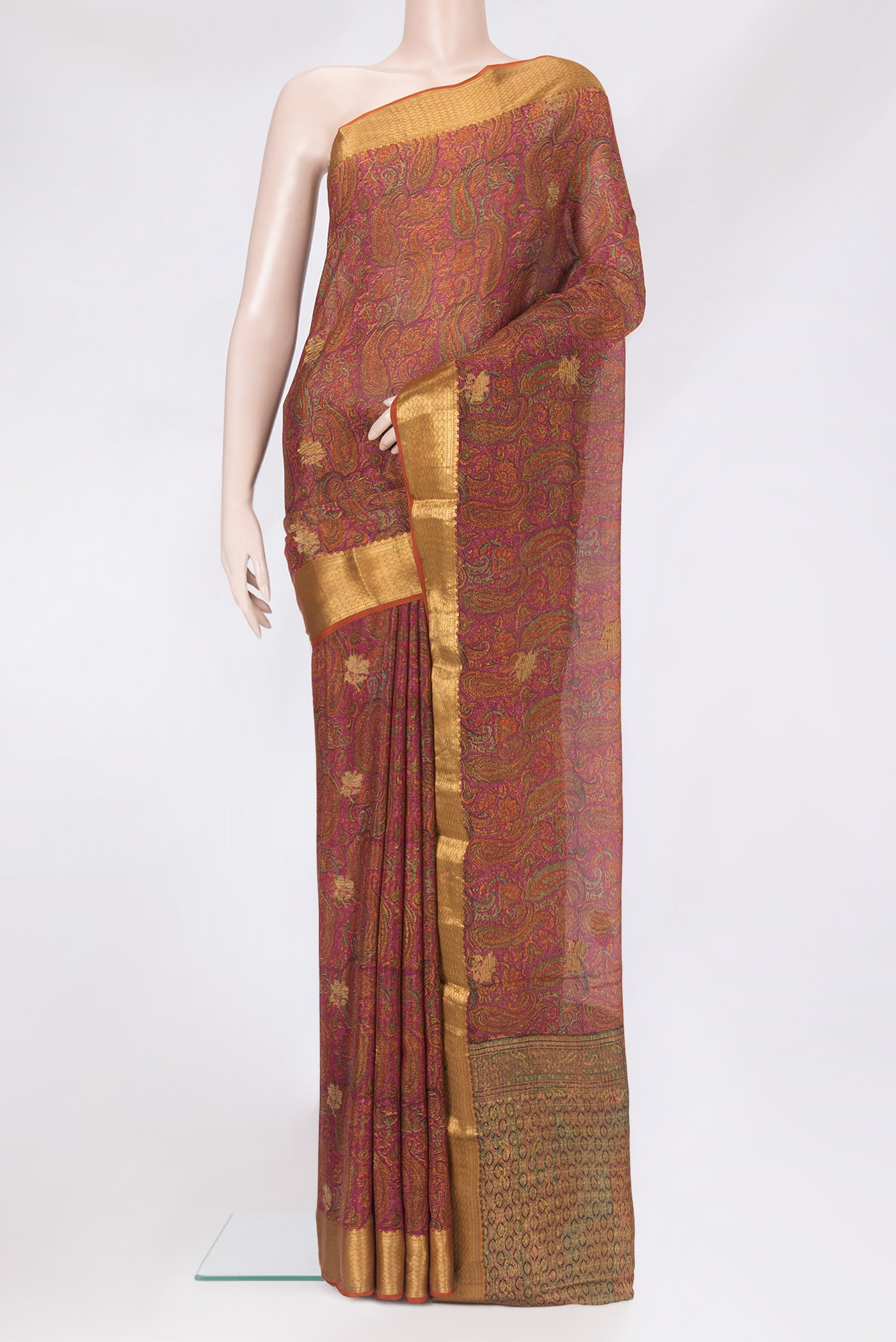 Dark Pink Mysore Chiffon Saree with Printed design on the body and Zari Border.  displayed on a mannequin