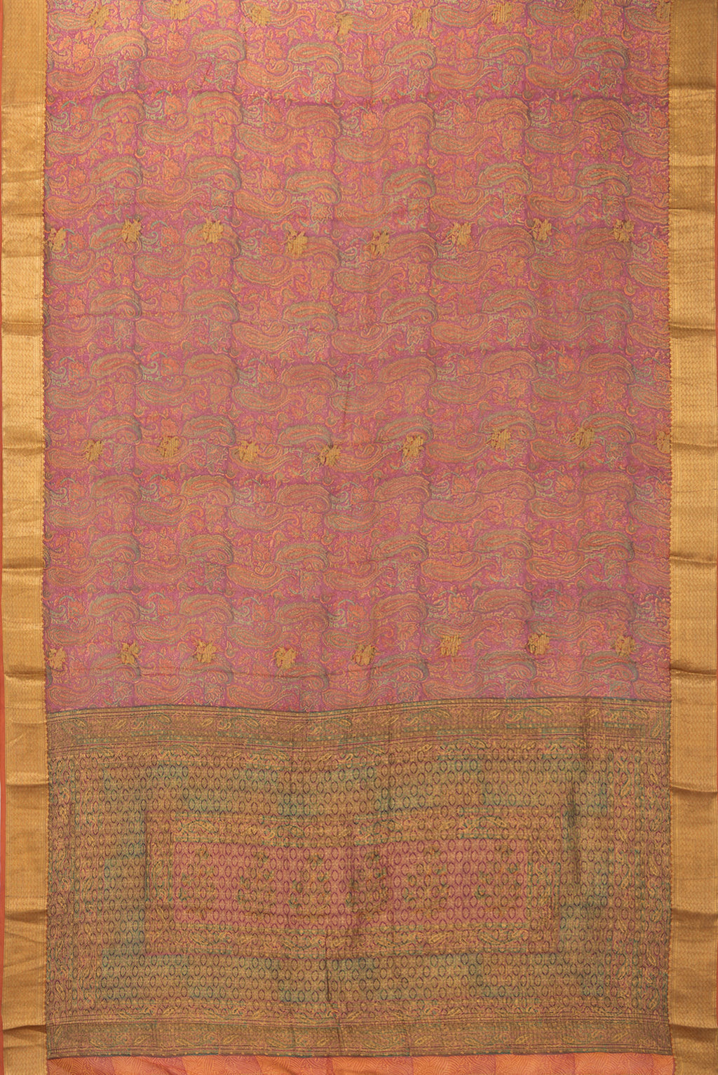Flat view of Dark Pink Mysore Chiffon Saree with Printed design on the body and Zari Border. 