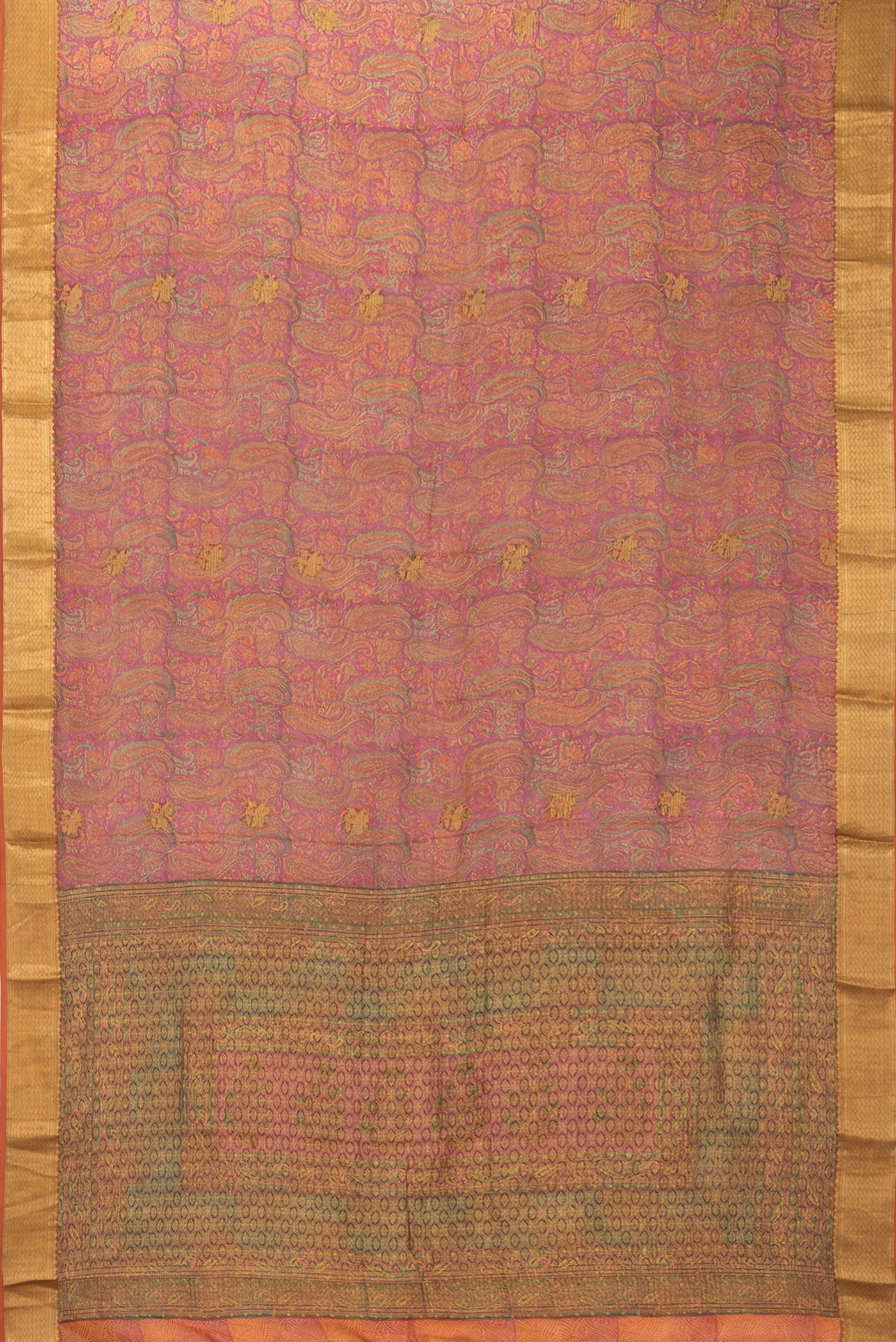 Flat view of Dark Pink Mysore Chiffon Saree with Printed design on the body and Zari Border. 