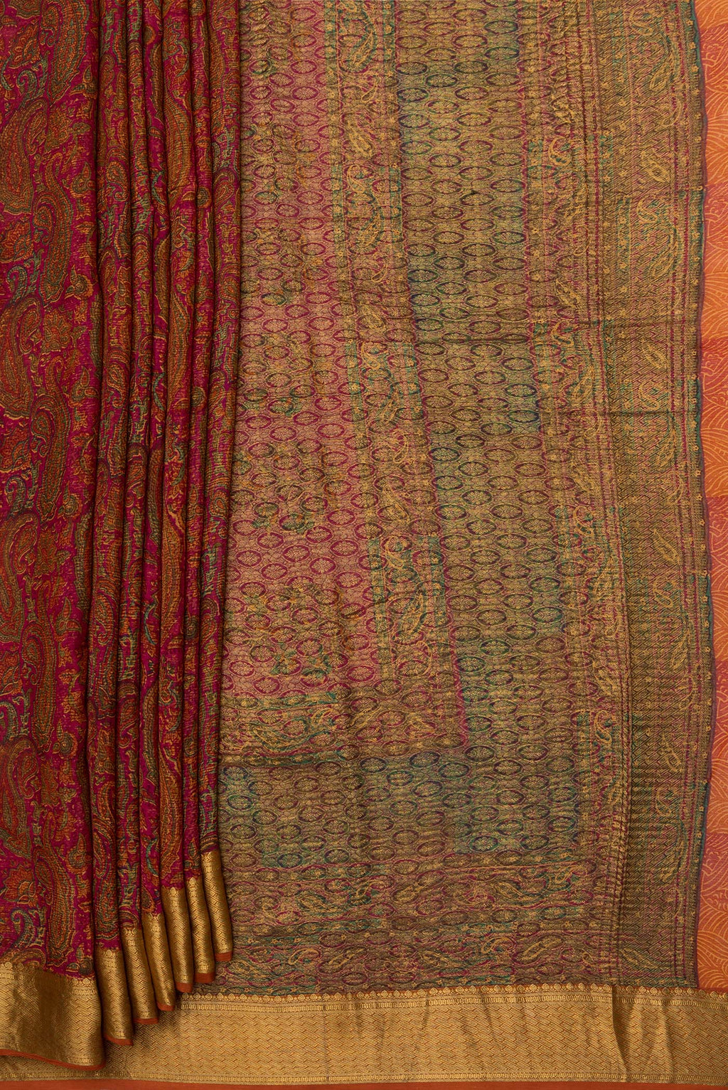 Pleats and pallu of Dark Pink Mysore Chiffon Saree with Printed design on the body and Zari Border. 
