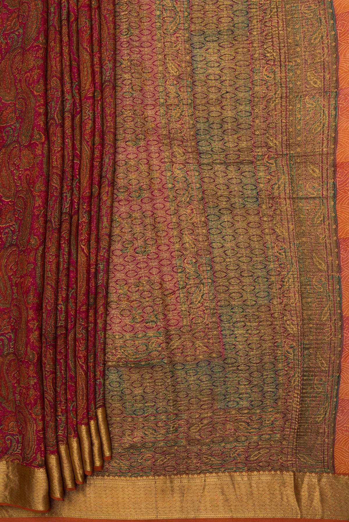 Pleats and pallu of Dark Pink Mysore Chiffon Saree with Printed design on the body and Zari Border. 