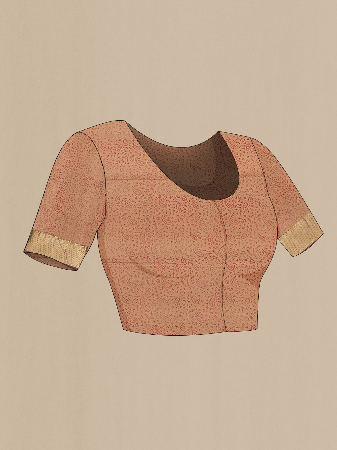 Close up image of the blouse of Brown Crepe Saree with Printed design on the body and Zari Border. 