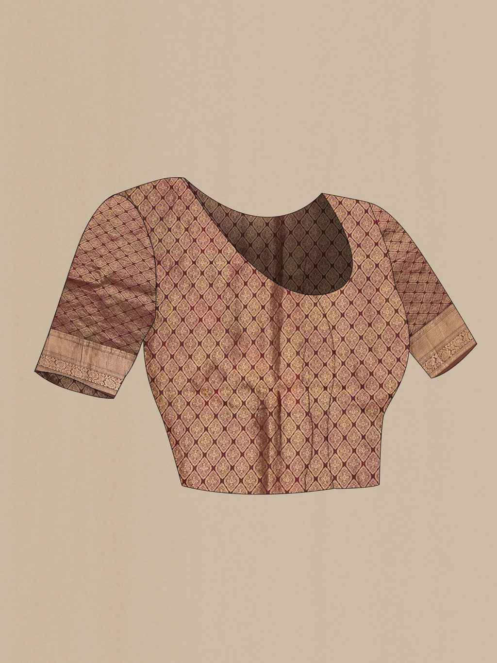 Close up image of the blouse of Brown Kanchipuram Silk Saree with Printed design on the body and Zari Border. 