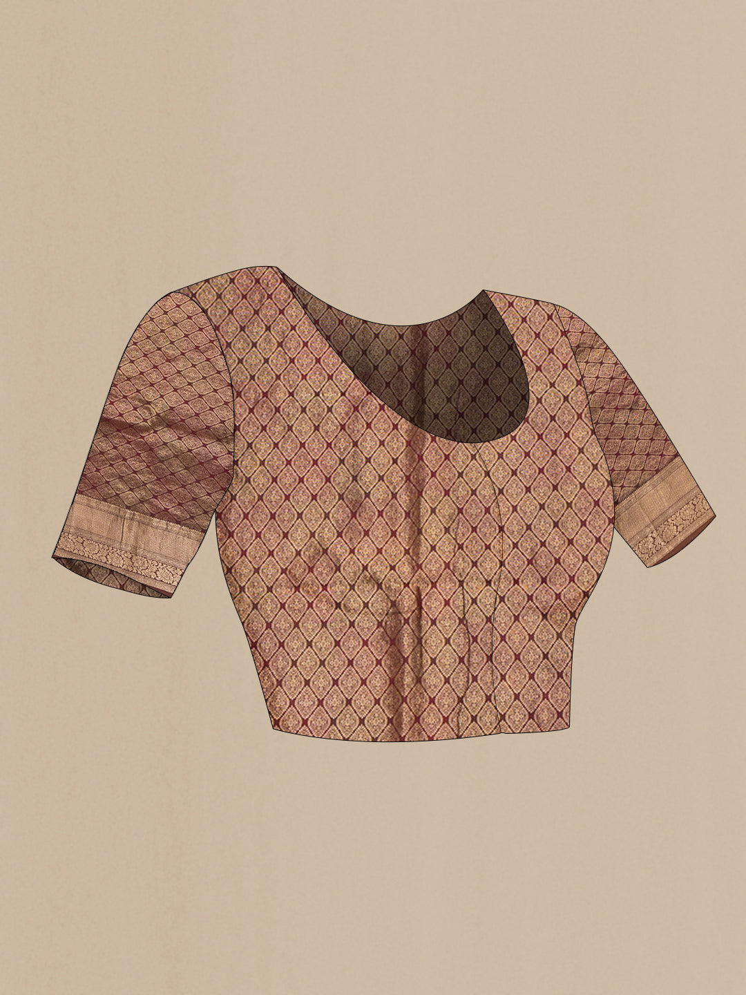 Close up image of the blouse of Brown Kanchipuram Silk Saree with Printed design on the body and Zari Border. 