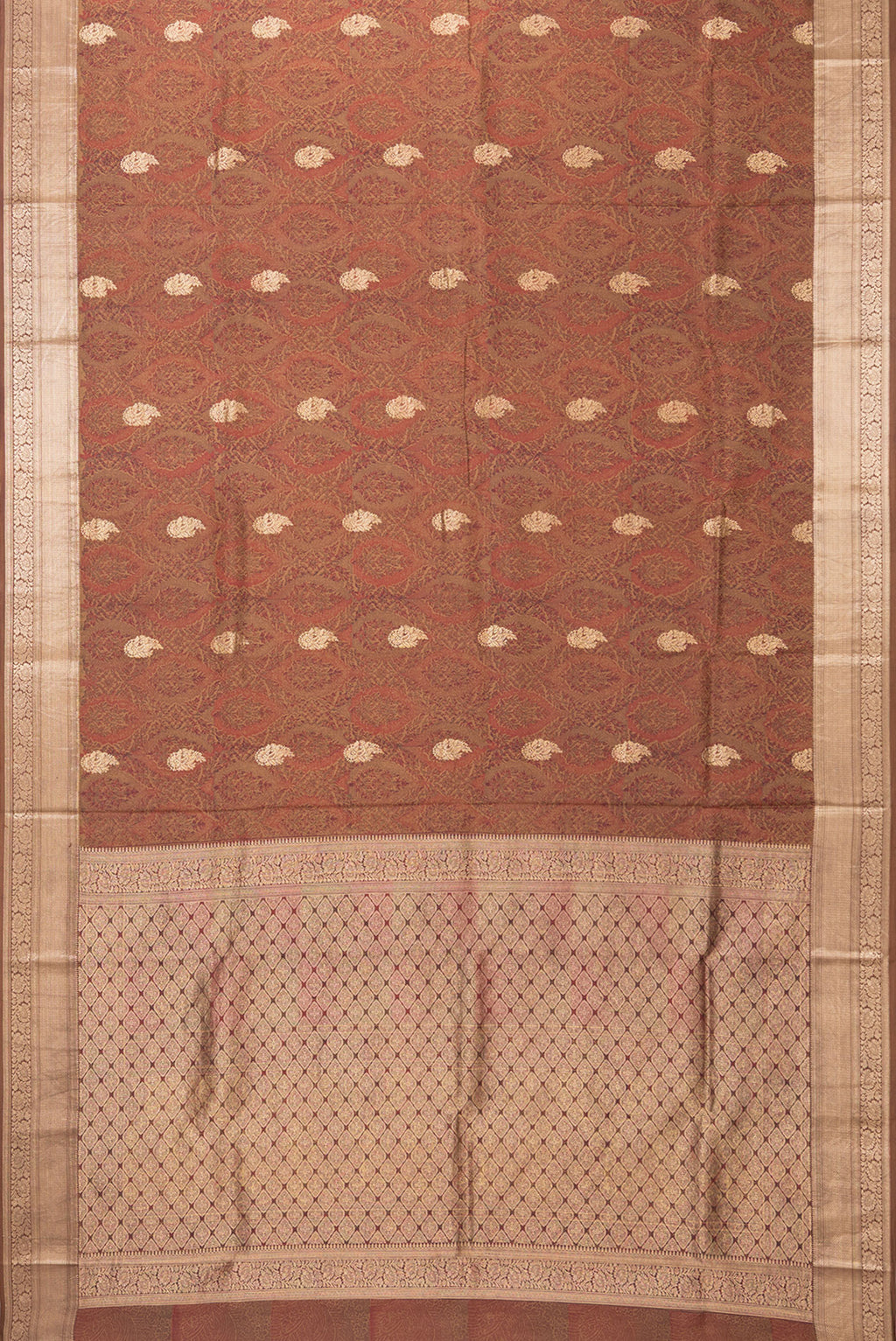 Flat view of Brown Kanchipuram Silk Saree with Printed design on the body and Zari Border. 
