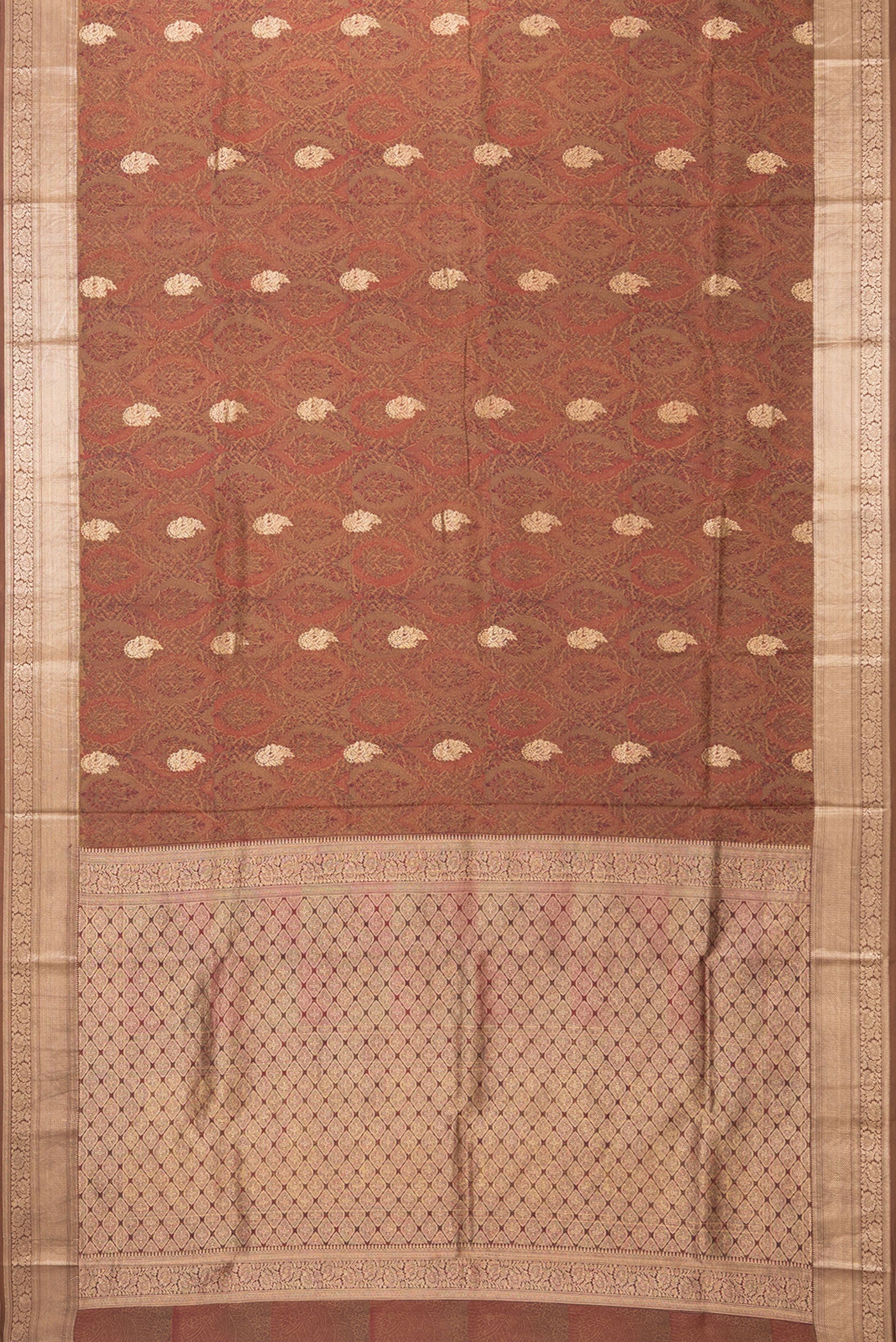 Flat view of Brown Kanchipuram Silk Saree with Printed design on the body and Zari Border. 