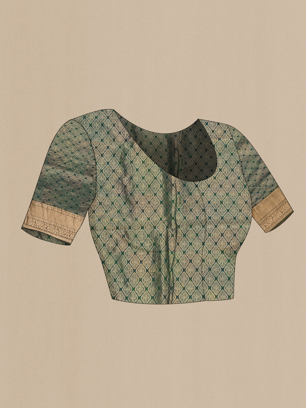 Close up image of the blouse of Mehandi Green Kanchipuram Silk Saree with Printed design on the body and Zari Border. 