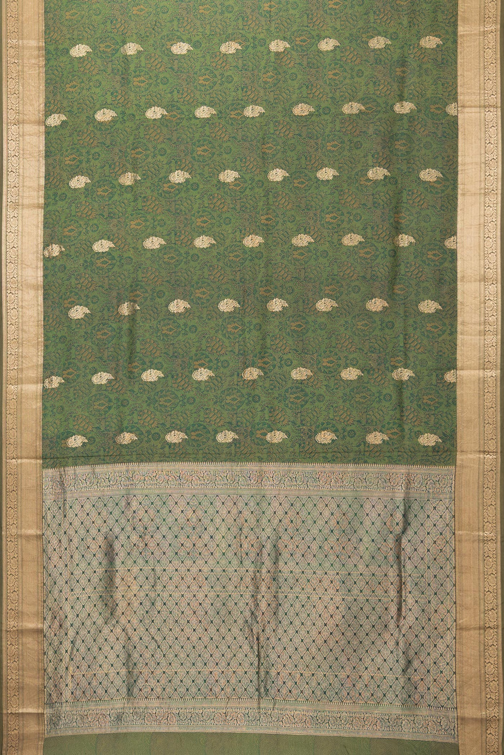 Flat view of Mehandi Green Kanchipuram Silk Saree with Printed design on the body and Zari Border. 