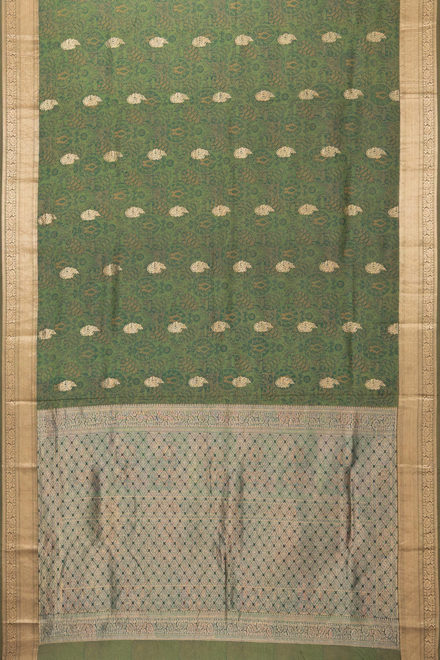 Flat view of Mehandi Green Kanchipuram Silk Saree with Printed design on the body and Zari Border. 