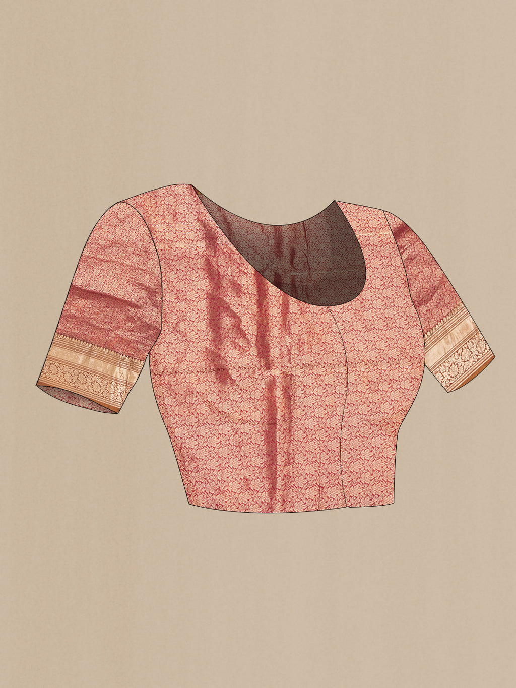 Close up image of the blouse of Orange Kanchipuram Silk Saree with Printed design on the body and Zari Border. 