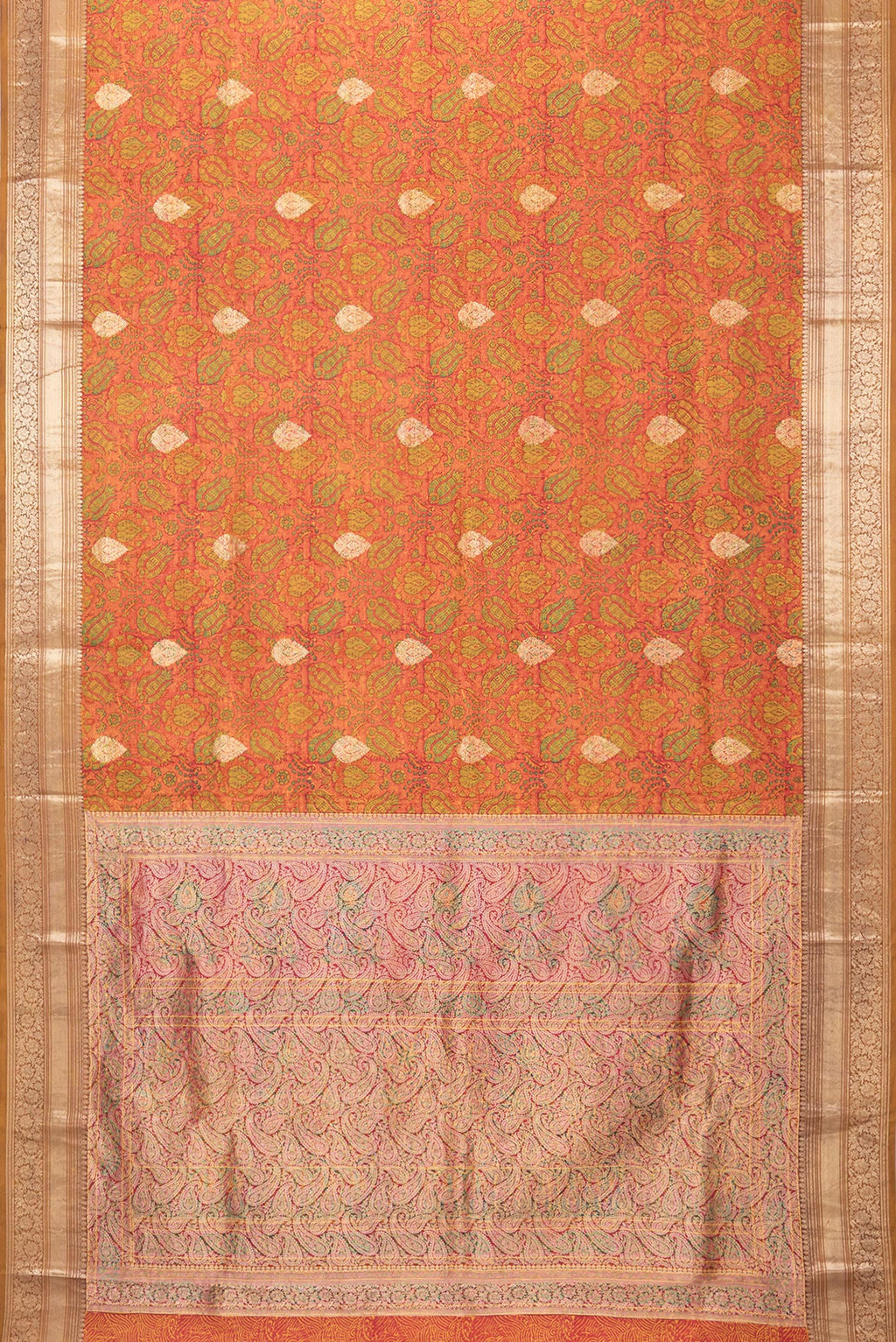 Flat view of Orange Kanchipuram Silk Saree with Printed design on the body and Zari Border. 