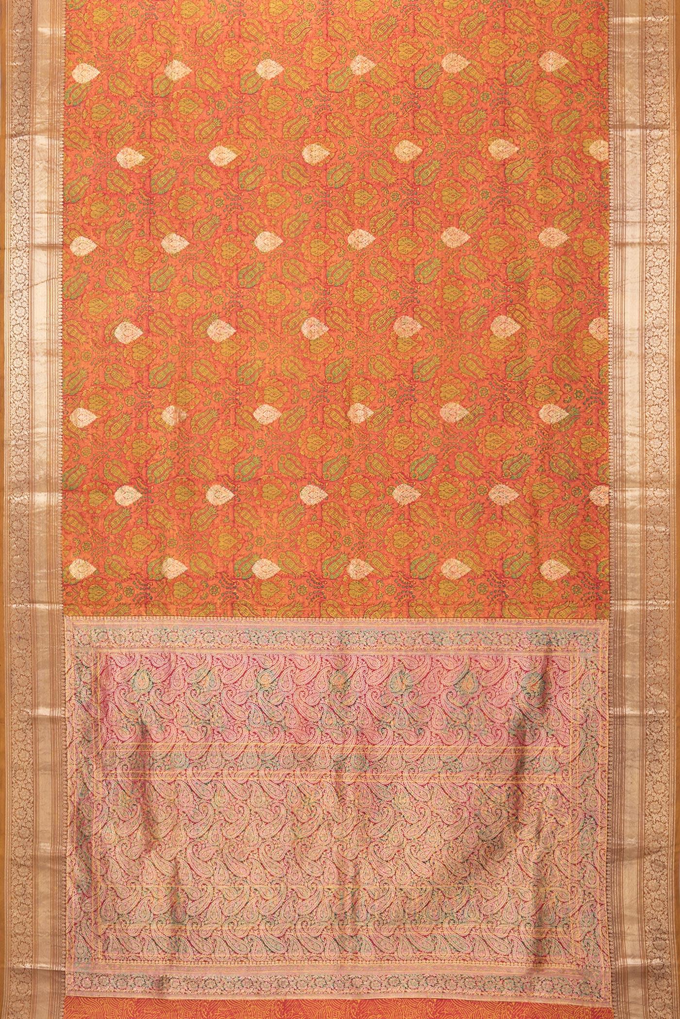 Flat view of Orange Kanchipuram Silk Saree with Printed design on the body and Zari Border. 