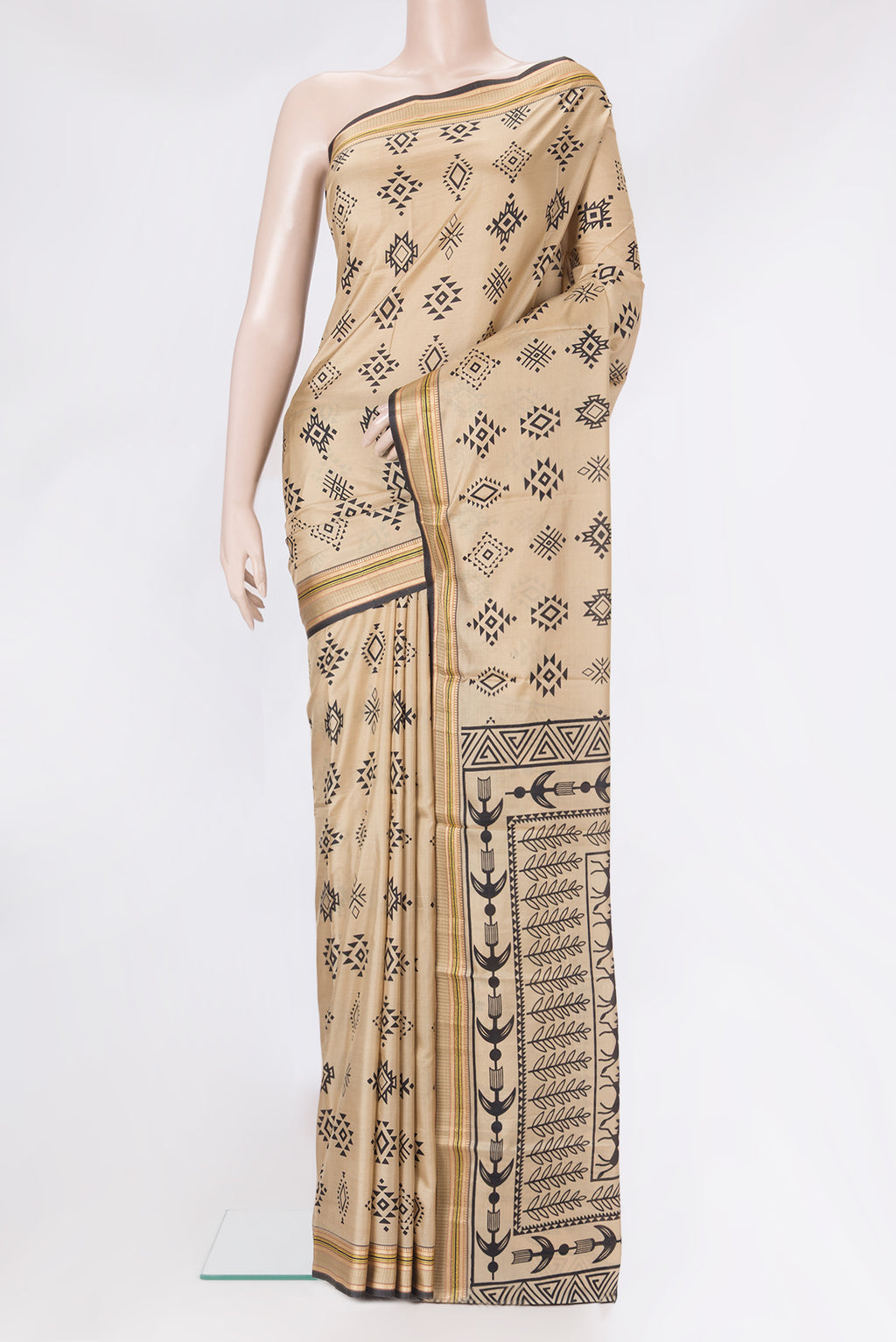 Beige Dual Tone Kanjivaram Silk Saree with Printed design on the body and Thread Border.  displayed on a mannequin