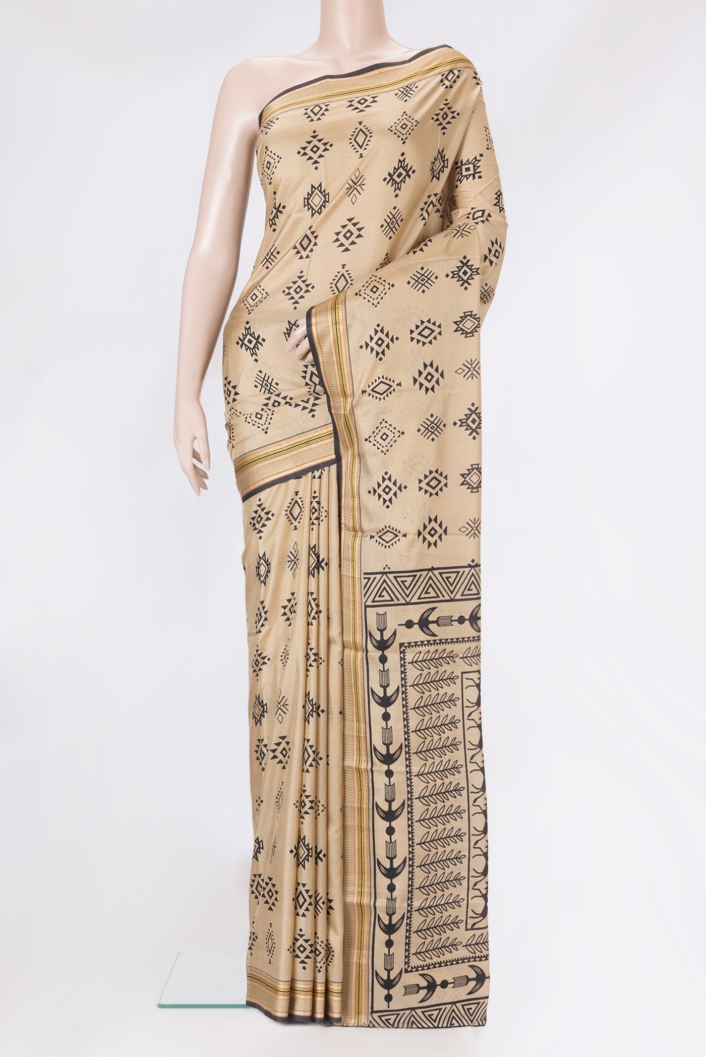 Beige Dual Tone Kanjivaram Silk Saree with Printed design on the body and Thread Border.  displayed on a mannequin