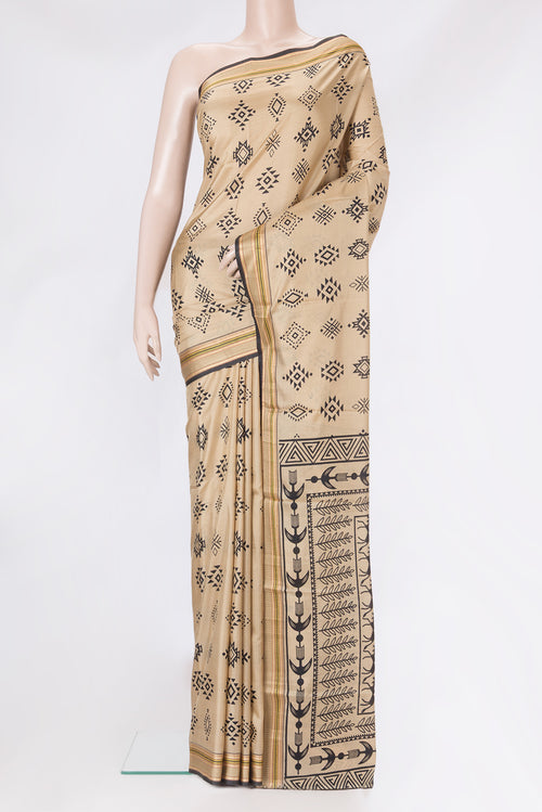 Beige Dual Tone Kanjivaram Silk Saree with Printed design on the body and Thread Border.  displayed on a mannequin