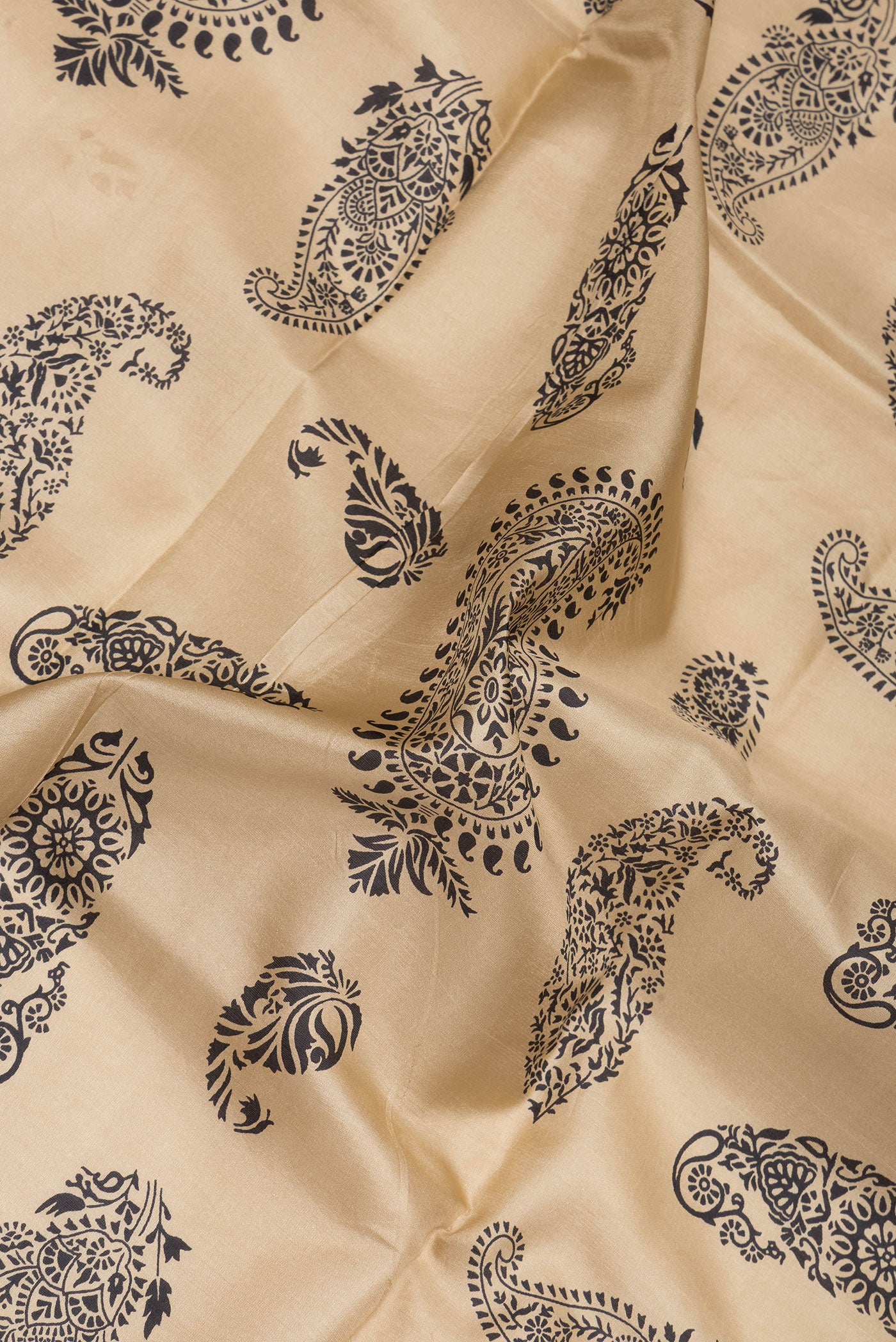 Close up of Beige Printed Silk Saree with Printed design on the body and Thread Border.  displaying folds