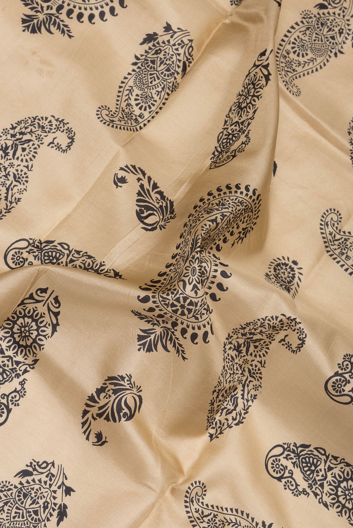 Close up of Beige Printed Silk Saree with Printed design on the body and Thread Border.  displaying folds