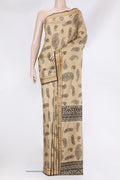 Beige Printed Silk Saree with Printed design on the body and Thread Border.  displayed on a mannequin