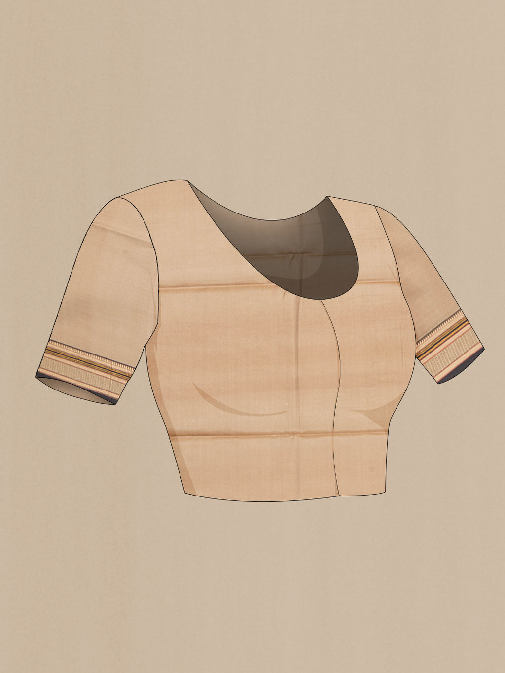 Close up image of the blouse of Beige Printed Silk Saree with Printed design on the body and Thread Border. 