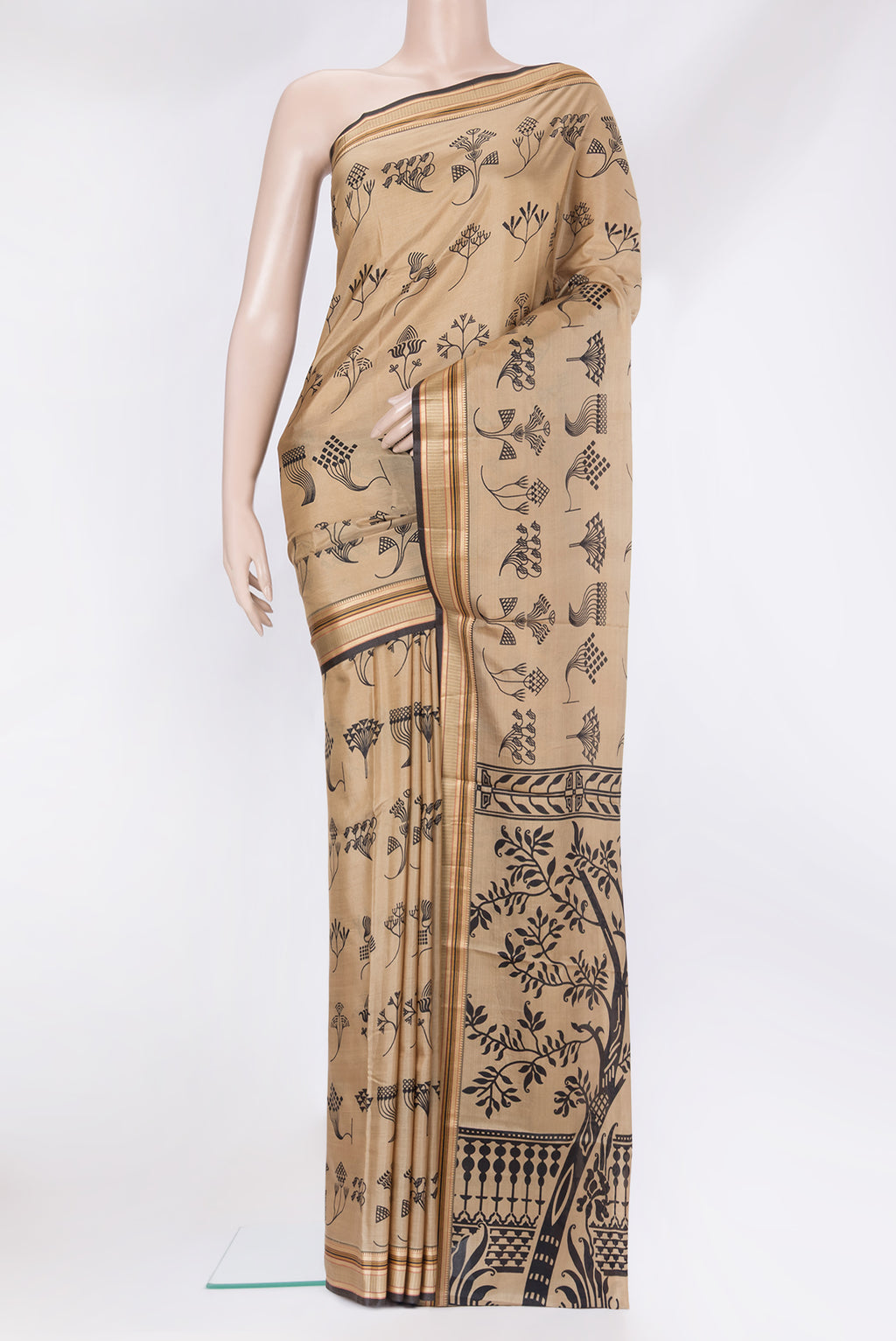 Beige Printed Silk Saree with Printed design on the body and Thread Border.  displayed on a mannequin
