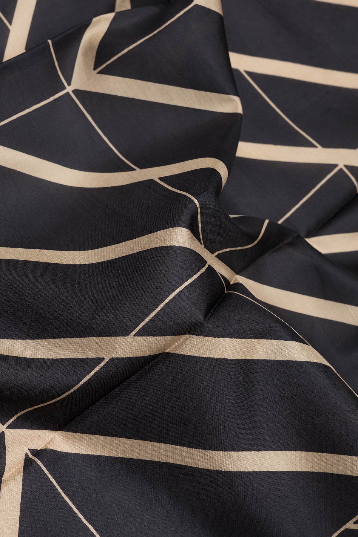 Close up of Black Printed Silk Saree with Printed design on the body and Thread Border.  displaying folds