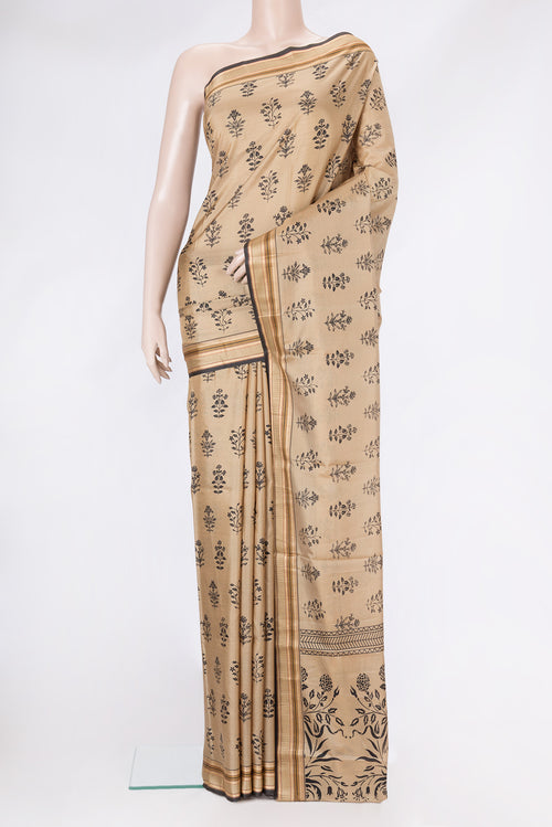 Beige Dual Tone Kanjivaram Silk Saree with Printed design on the body and Thread Border.  displayed on a mannequin