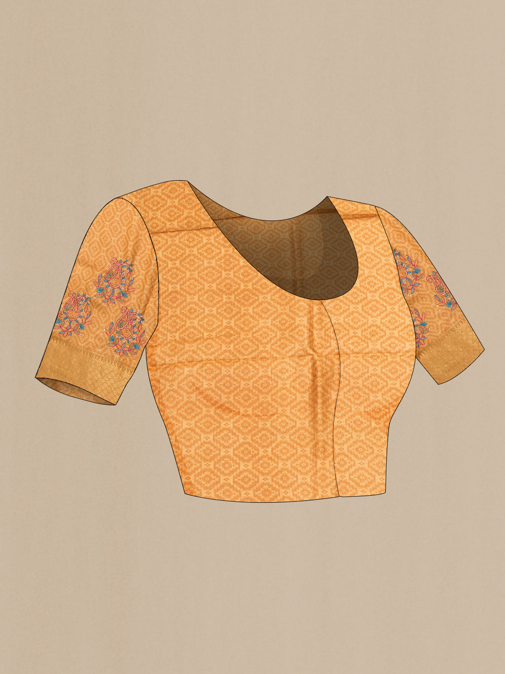 Close up image of the blouse of Mustard Tussar Silk Saree with Embroidery on the body and Zari Border. 
