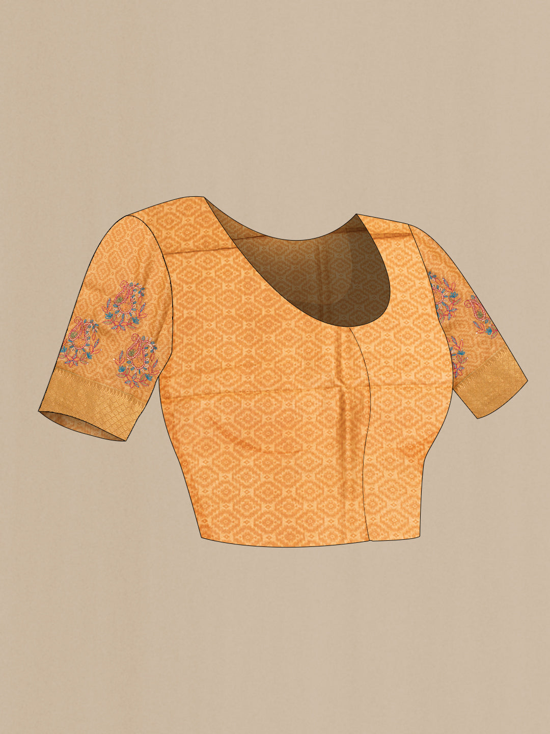 Close up image of the blouse of Mustard Tussar Silk Saree with Embroidery on the body and Zari Border. 
