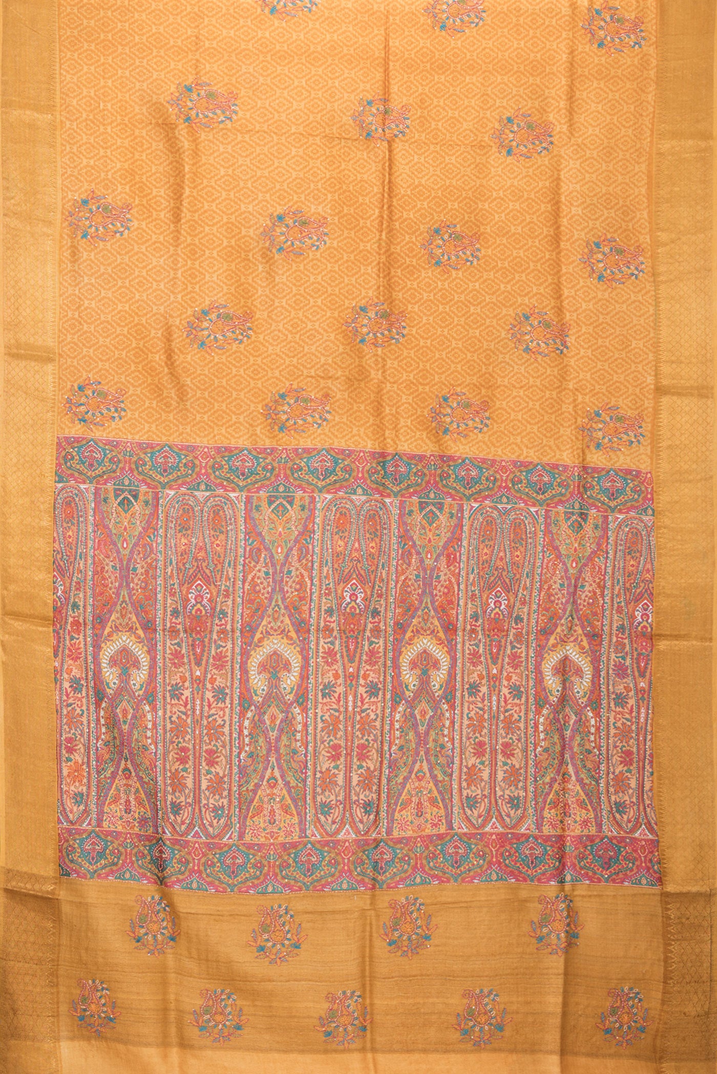 Flat view of Mustard Tussar Silk Saree with Embroidery on the body and Zari Border. 