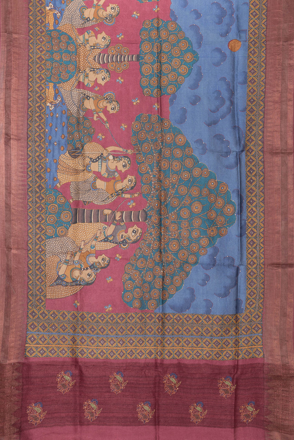 Flat view of Peacock Blue Dual Tone Tussar Silk Saree with Printed design on the body and Embroidery Border. 