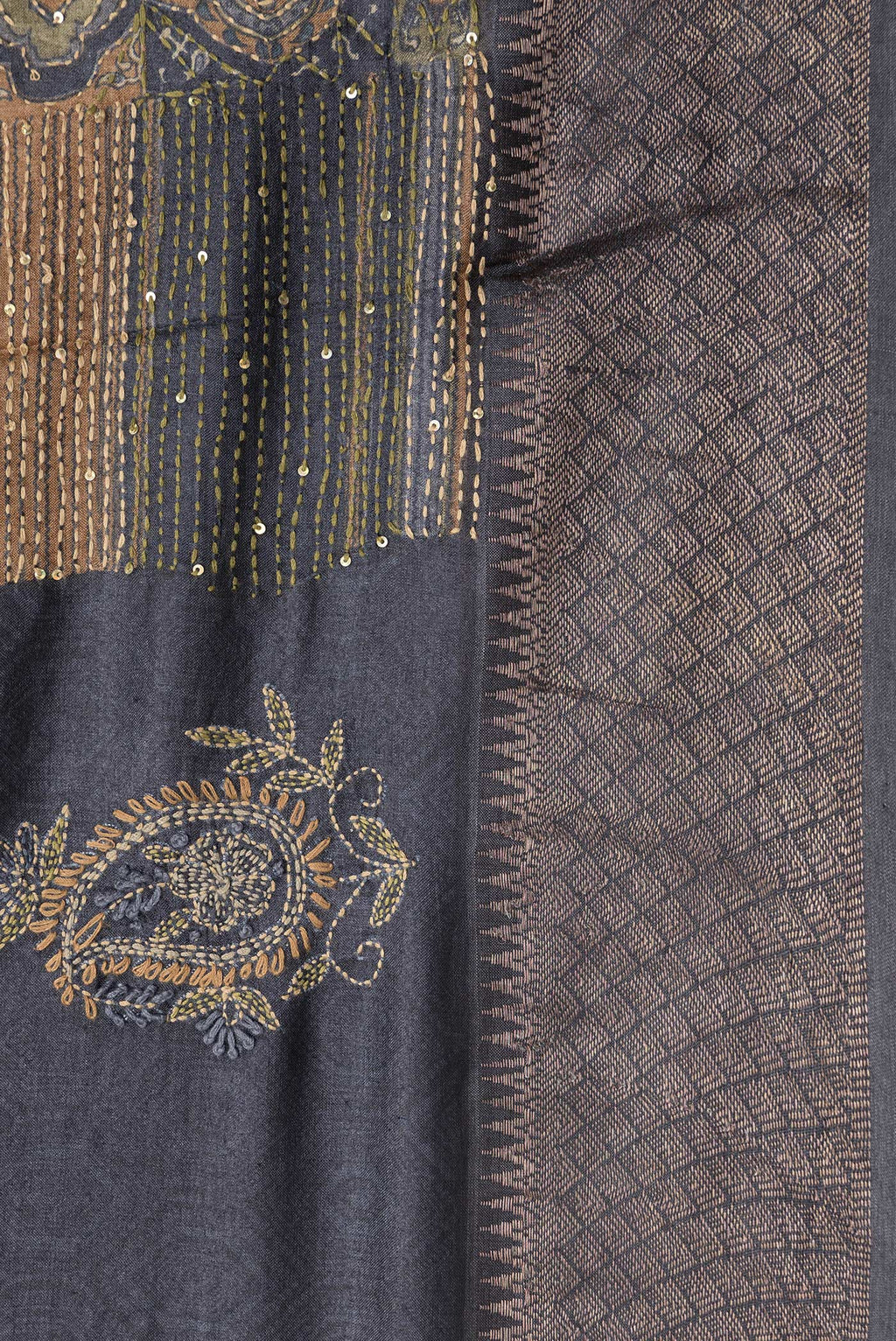 Border image of Black Dual Tone Tussar Silk Saree with Embroidery on the body and Zari Border. 