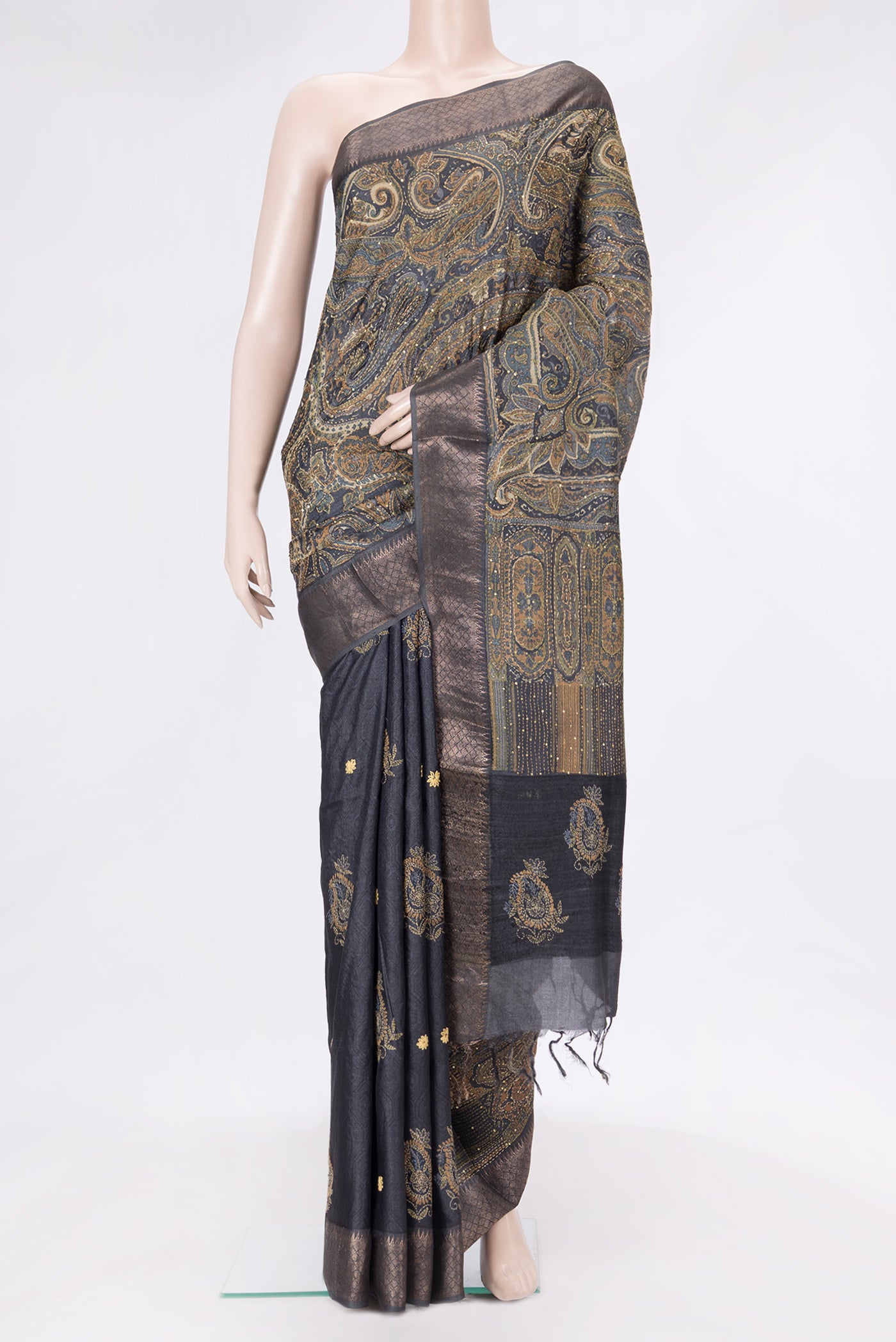 Black Dual Tone Tussar Silk Saree with Embroidery on the body and Zari Border.  displayed on a mannequin