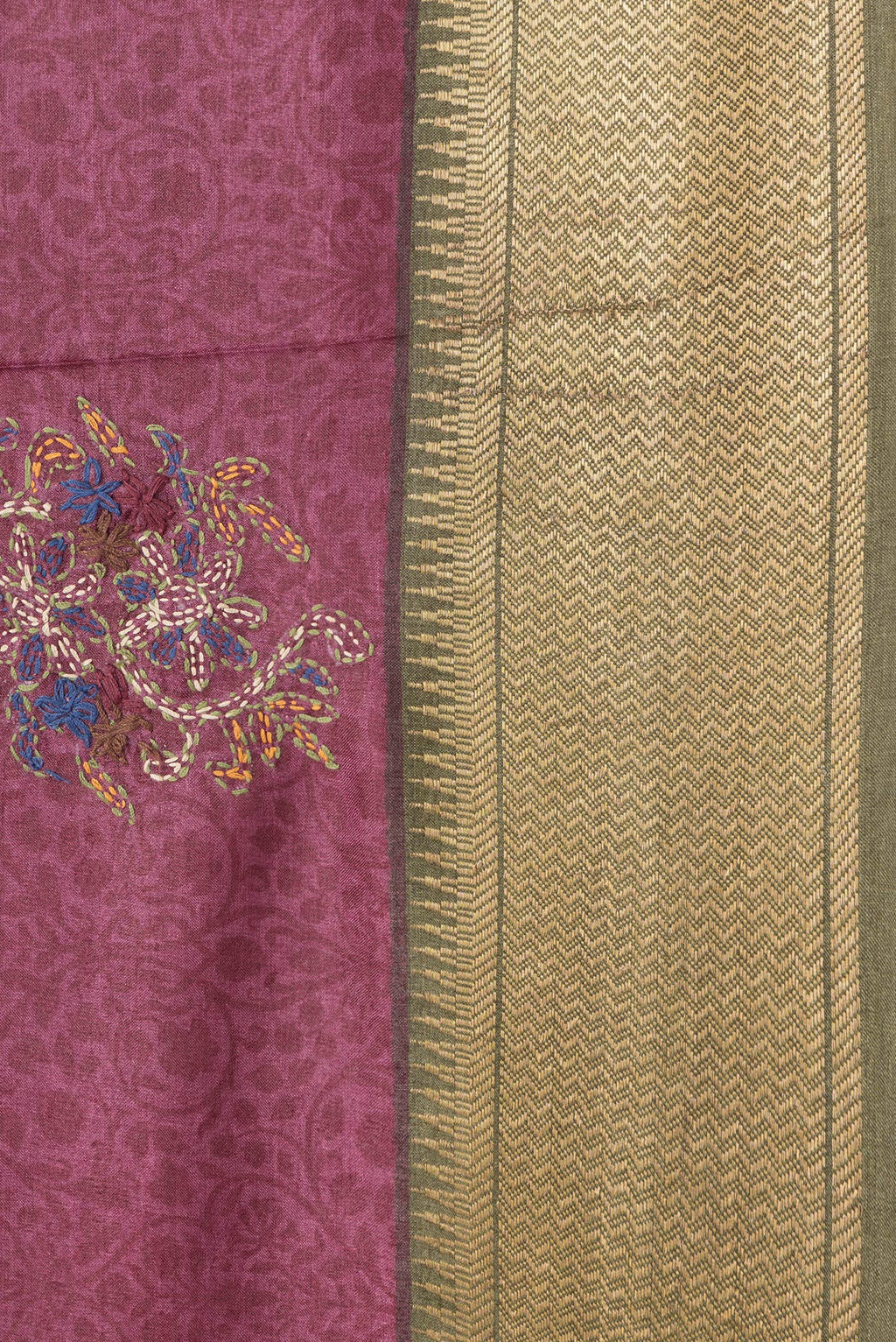 Border image of Magenta Dual Tone Tussar Silk Saree with Embroidery on the body and Zari Border. 