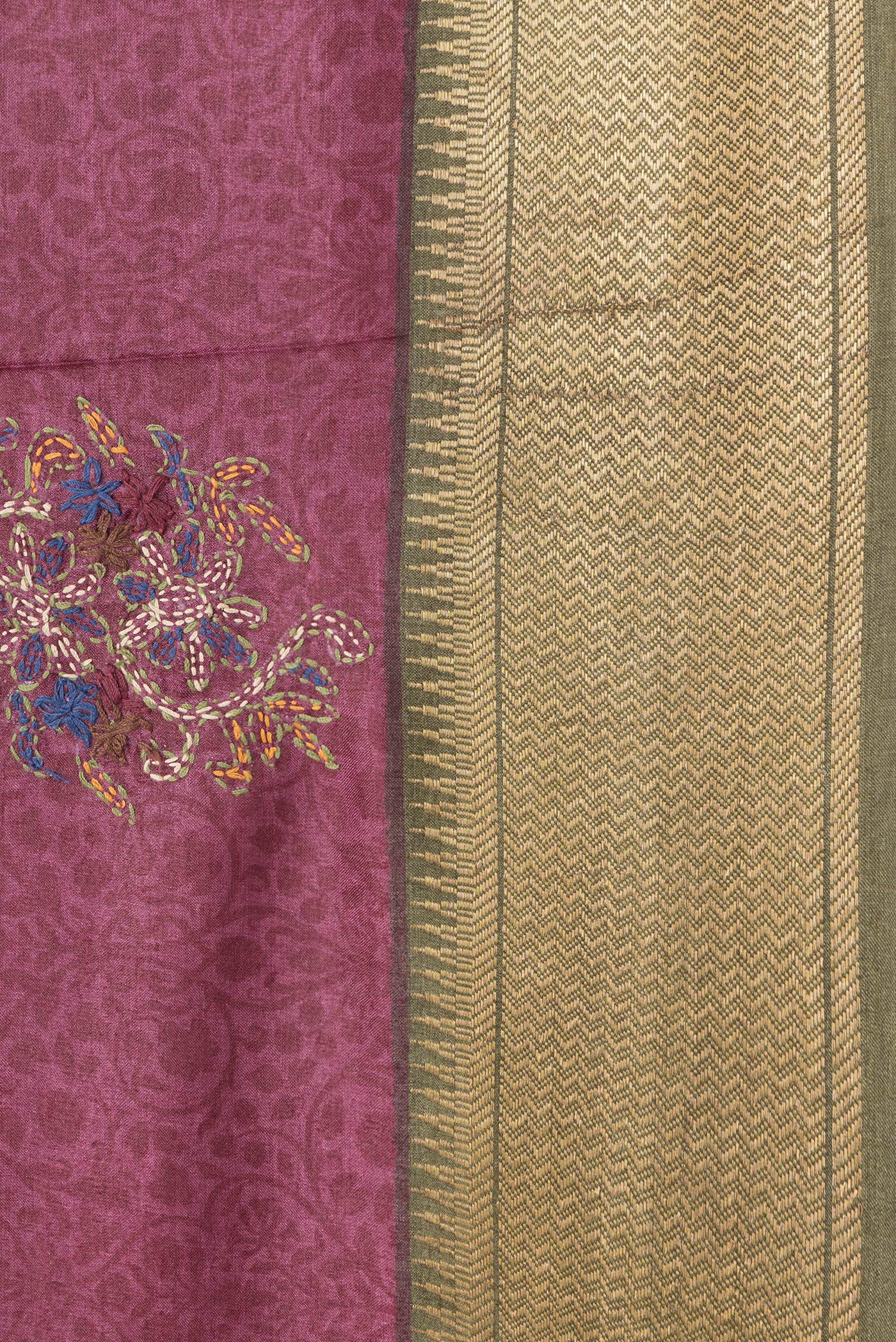 Border image of Magenta Dual Tone Tussar Silk Saree with Embroidery on the body and Zari Border. 