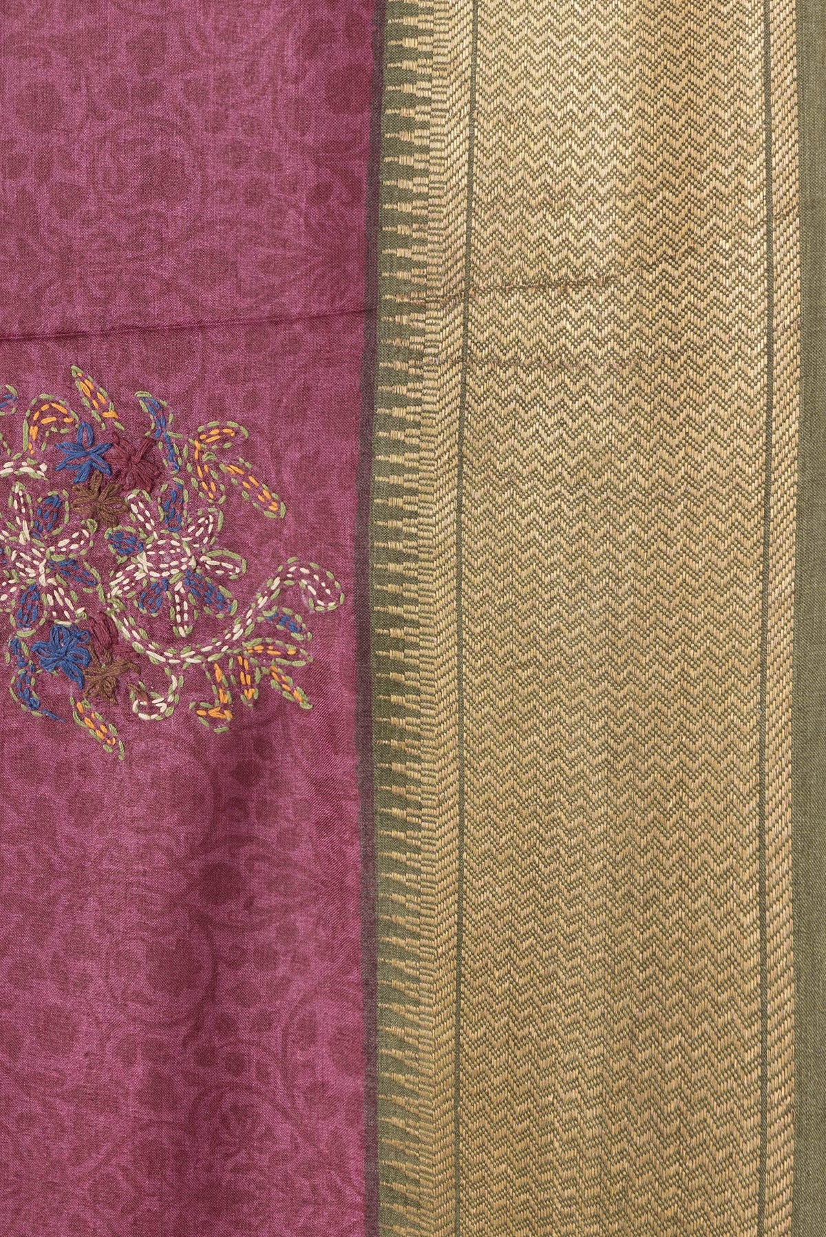 Border image of Magenta Dual Tone Tussar Silk Saree with Embroidery on the body and Zari Border. 