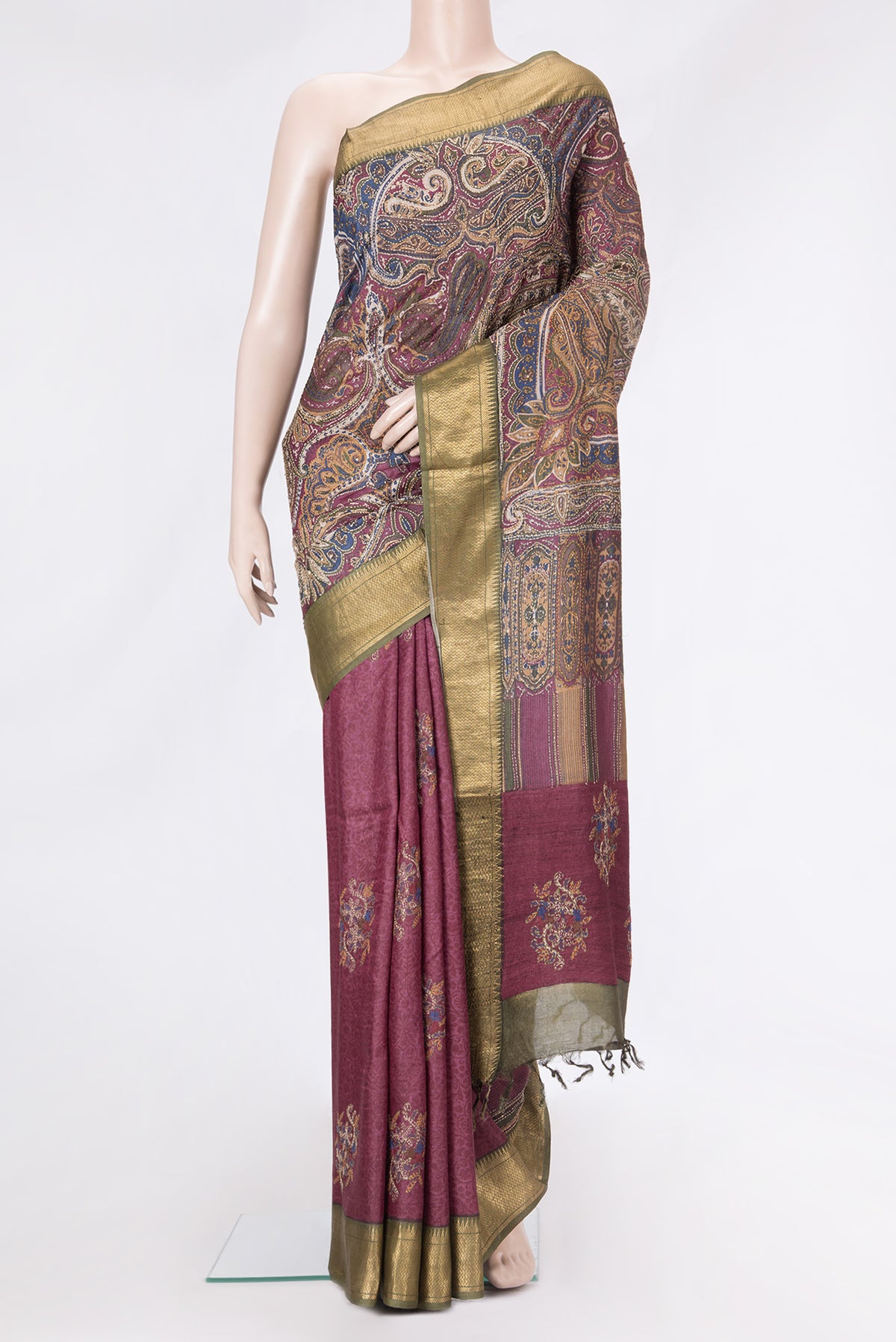 Magenta Dual Tone Tussar Silk Saree with Embroidery on the body and Zari Border.  displayed on a mannequin