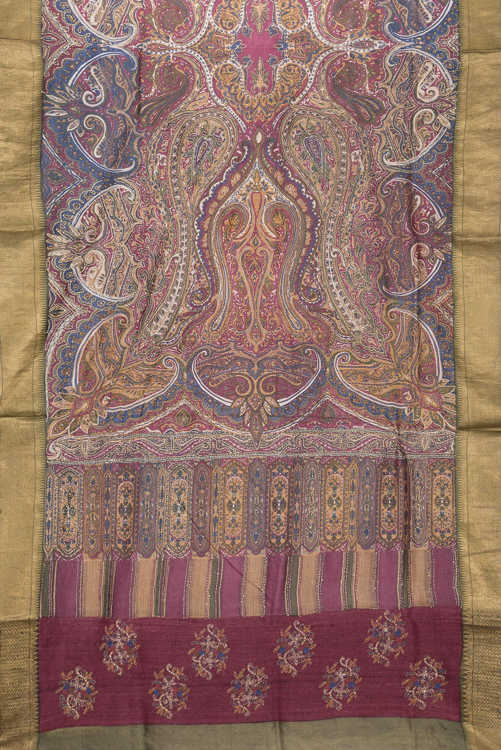 Flat view of Magenta Dual Tone Tussar Silk Saree with Embroidery on the body and Zari Border. 