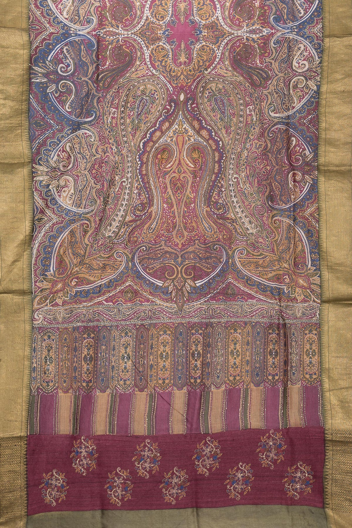 Flat view of Magenta Dual Tone Tussar Silk Saree with Embroidery on the body and Zari Border. 
